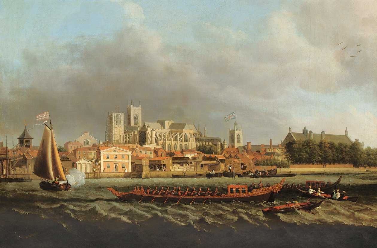 Udsigt over Westminster fra Lambeth med en kongelig pram i forgrunden af Samuel Scott