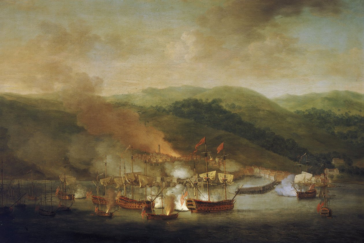 Den østrigske arvefølgekrig (1740-1748): Bombardementet af Bastia (Frankrig), 6. november af Samuel Scott