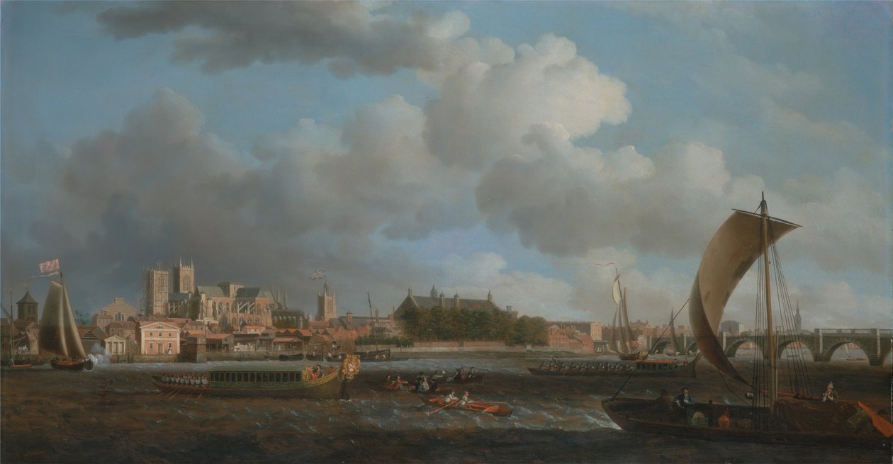 Westminster fra Lambeth, med Ceremonial Barge fra Ironmongers Company af Samuel Scott
