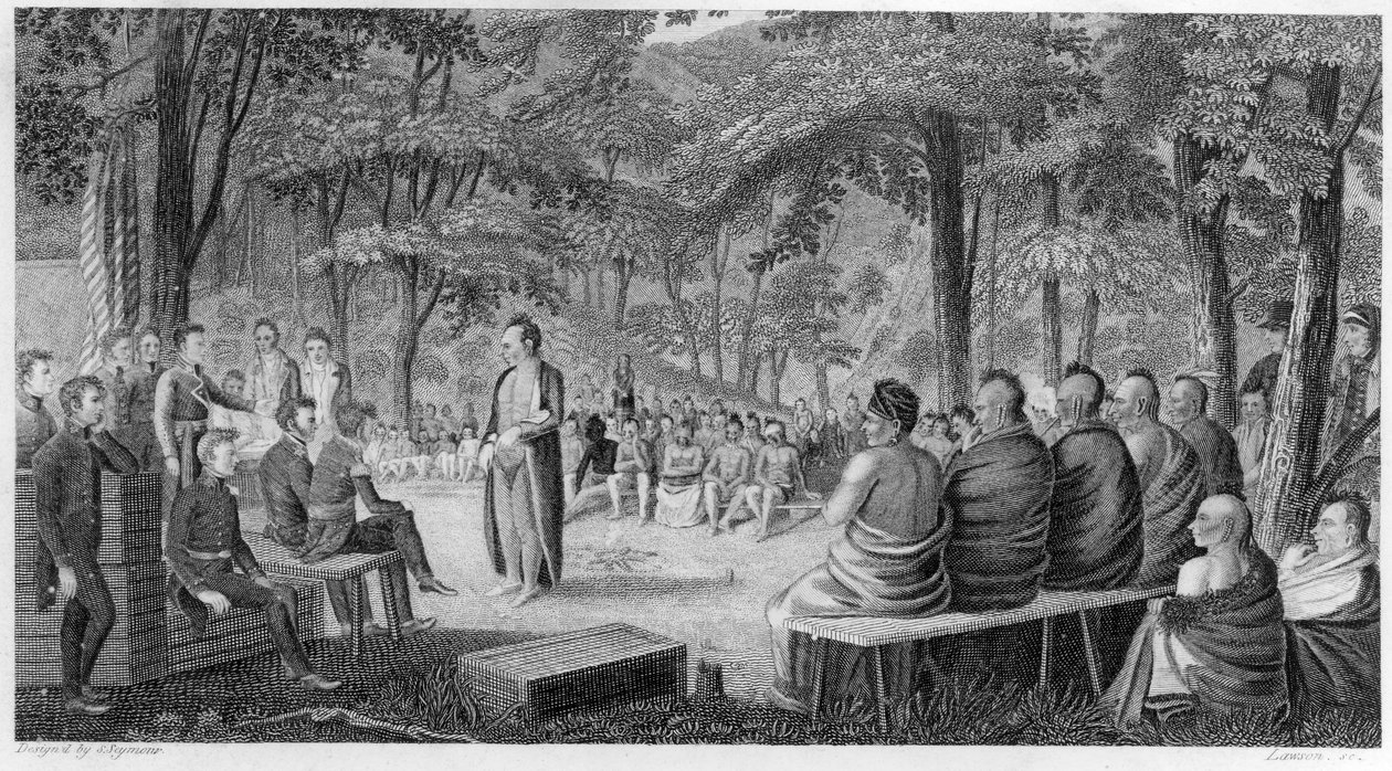 Major Long holder et råd med Oto (Missouri) indianerne, indgraveret af Lawson, 1819 af Samuel Seymour