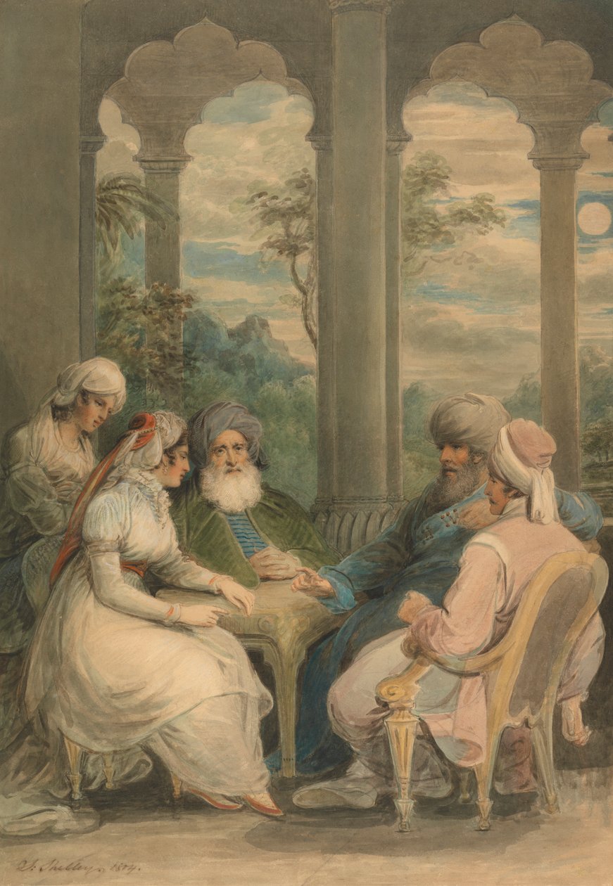 Prins Rasselas og hans søster samtaler i deres sommerpalads ved Nilens bred af Samuel Shelley