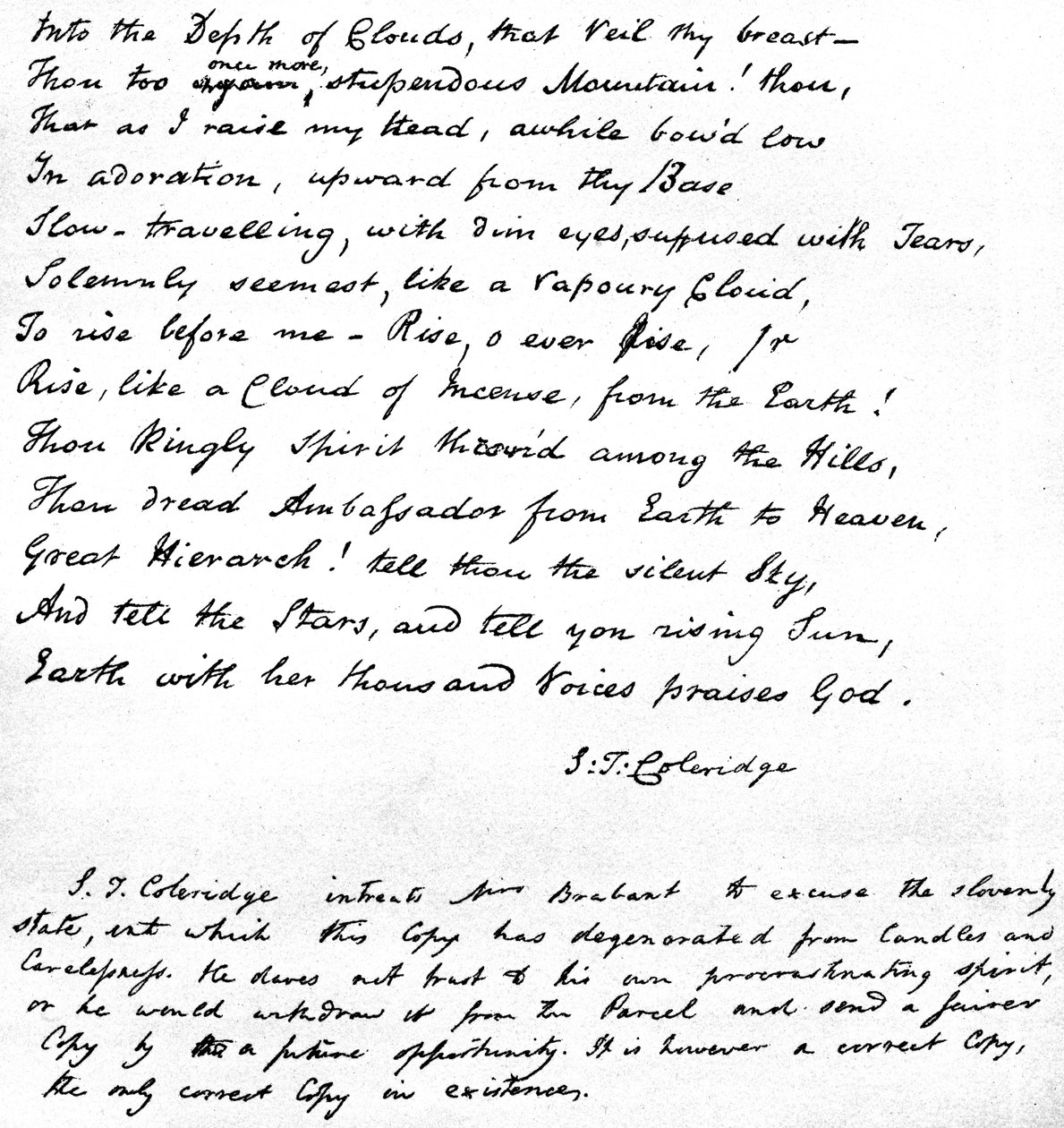 Sidste linjer af Coleridges digt Hymn before Sunrise in the Vale of Chamouni, skrevet med digternes egen håndskrift og sendt i et brev til fru Brabant af Devizes, 1815 af Samuel Taylor Coleridge