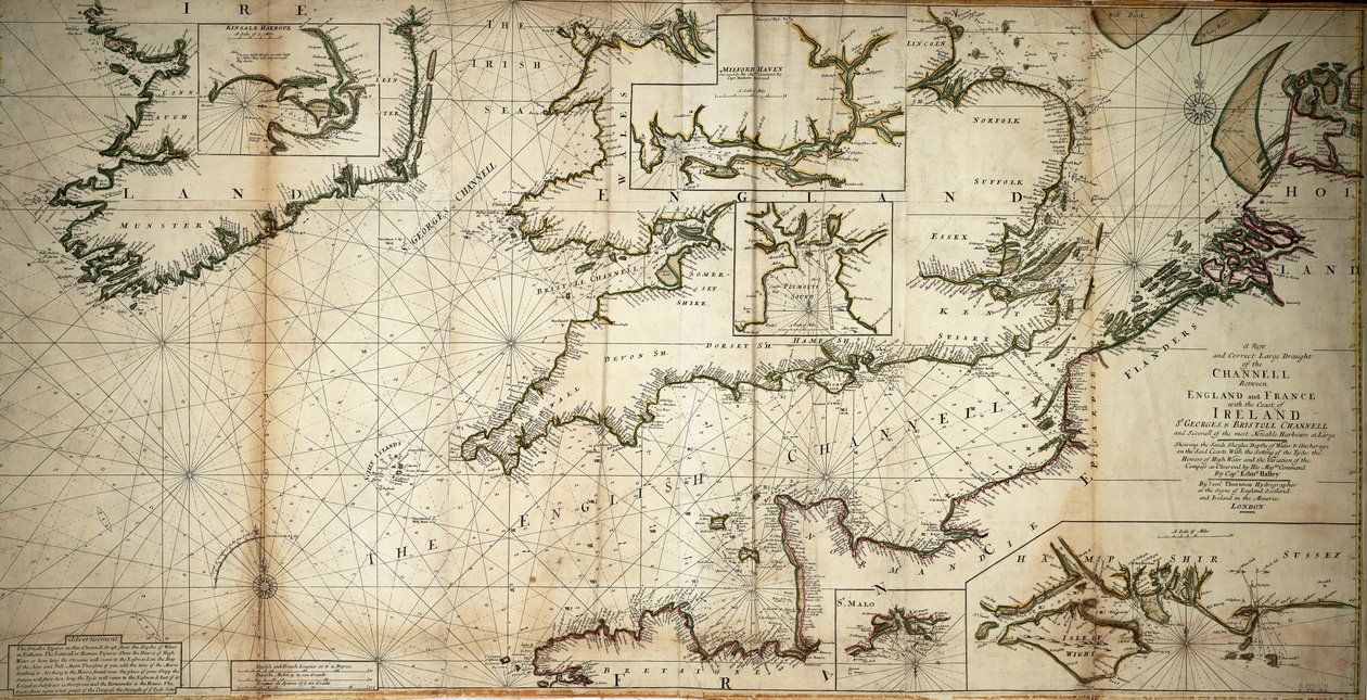 En ny og korrekt stor tegning af Channell mellem England og Frankrig med Irlands kyst St. Georges  Bristoll Channell og flere af de mest bemærkelsesværdige havne i stort format af Samuel Thornton