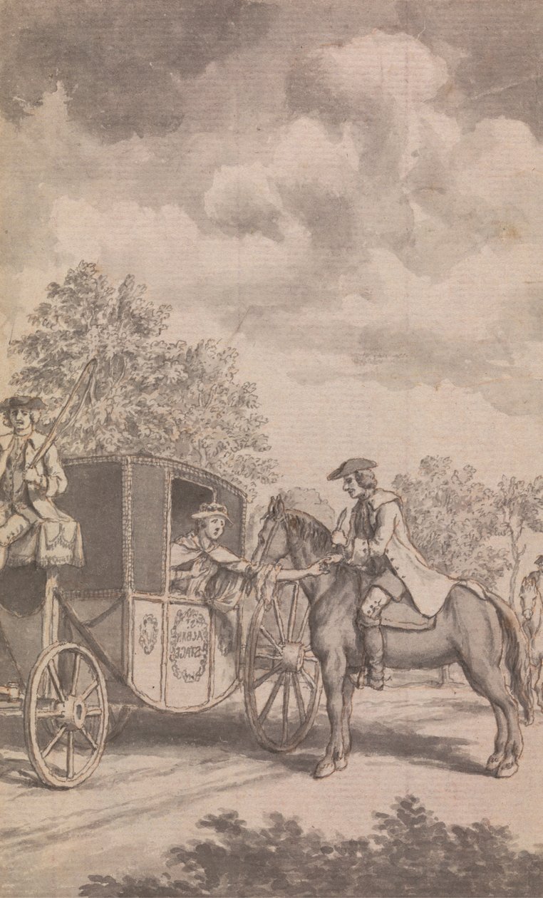 En illustration til Newgate-kalenderen: Raby finder en kvindes ring svær at blive trukket af, klipper hendes finger af, nær Finchley af Samuel Wale