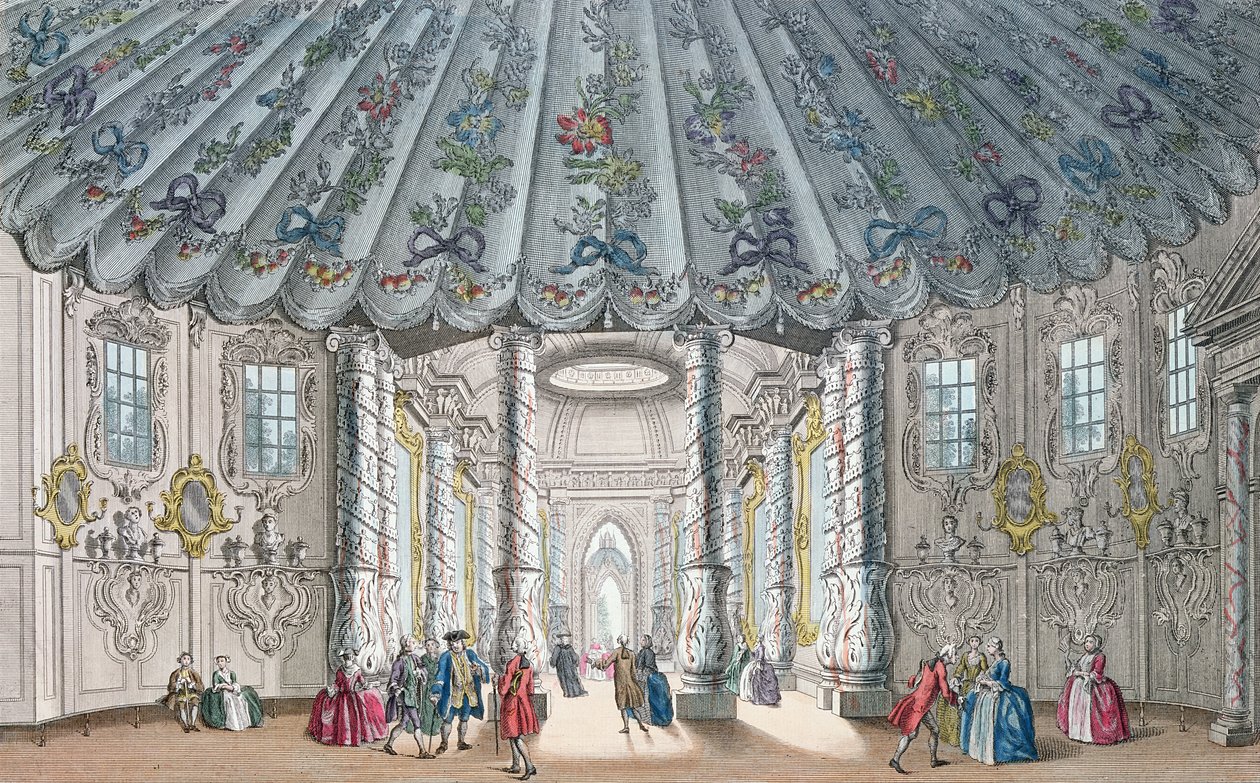 Indvendig udsigt over det elegante musikrum i Vauxhall Gardens, indgraveret af H. Roberts, 1752 (håndfarvet gravering) af Samuel Wale
