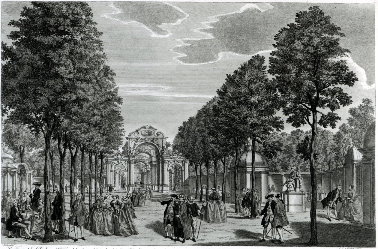 Triumfbuerne, Händels statue i South Walk of Vauxhall Gardens, indgraveret af John S. Muller (håndfarvet radering og gravering) af Samuel Wale