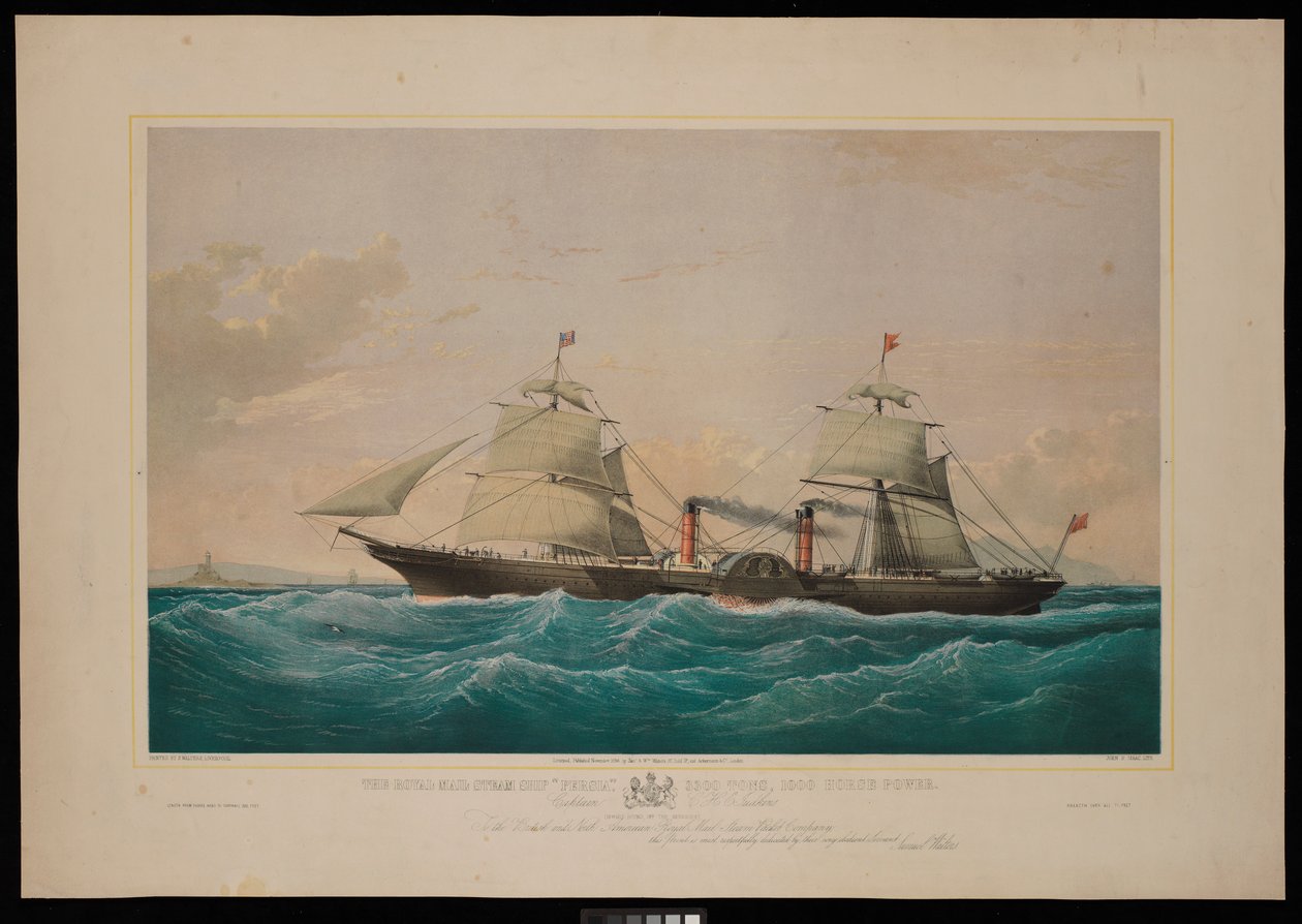 Royal Mail-dampskibet Persia... Kaptajn C H E Jodkins (Inward Bound, off the Skerries) Til det britiske og nordamerikanske Royal Mail Steam Packet Company er dette tryk meget respektfuldt dedikeret (litografi, farvelagt) af Samuel Walters
