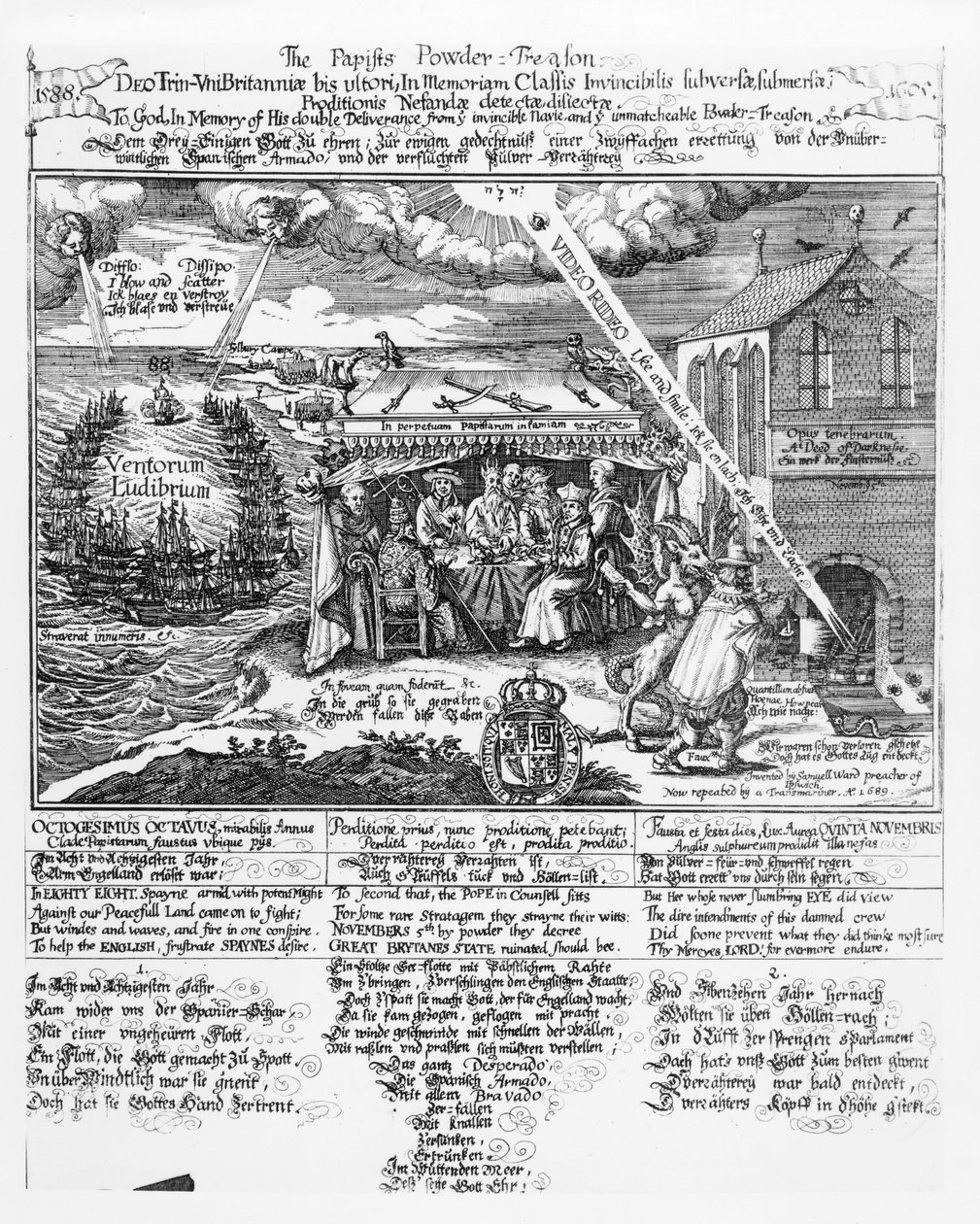 Til Gud, til minde om hans dobbelte udfrielse fra den uovervindelige flåde (1588) og det uforlignelige pulverforræderi (1605), (gravering) repr. af en Transmariner, 1689 (bundw foto) af Samuel Ward