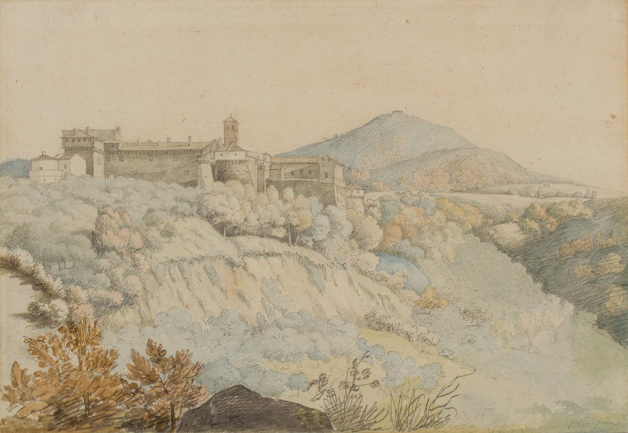 Klosteret Grotta Ferrata, det gamle Tusculum, Italien, ca. 1805 (blyant og wc på papir) af Samuel Woodforde