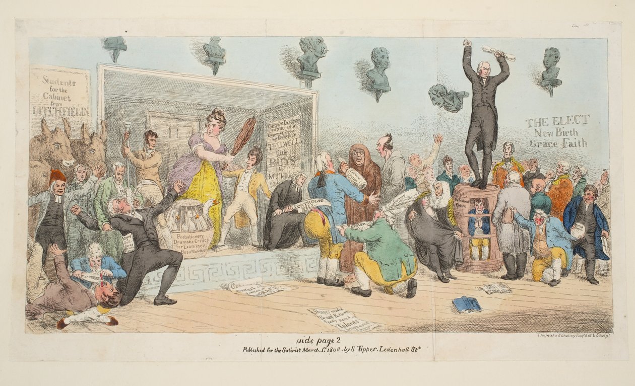 Tallerken fra The Satirist, pub. 1. marts 1808 (håndkoloreret stik af Samuel de Wilde