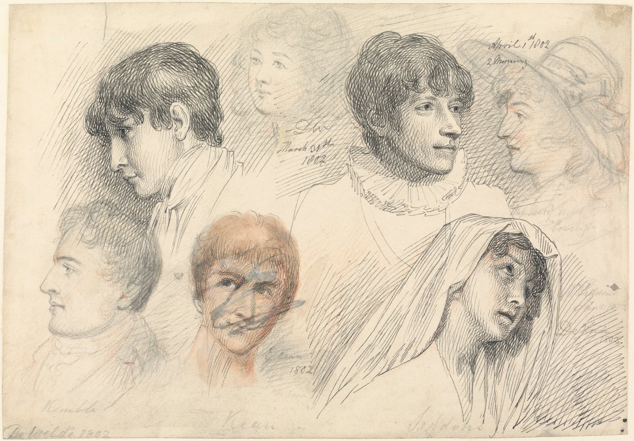 Portrætstudier af skuespillere, herunder Mary Wells som Cowslip, John Kemble, Edmund Kean og Sarah Siddons som Hermione af Samuel de Wilde