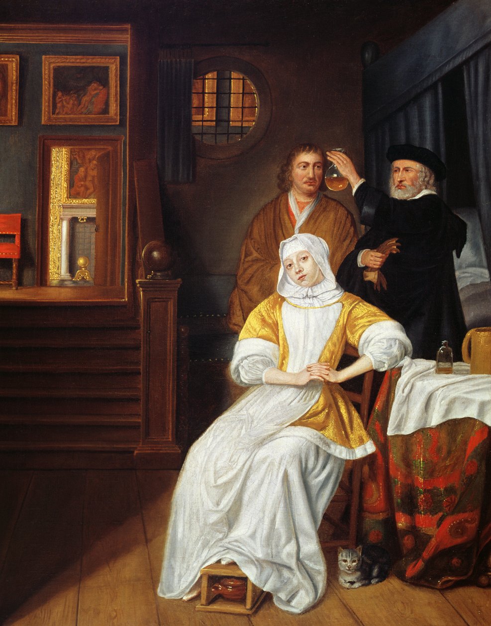 En læge på besøg hos en ung dame i et soveværelse af Samuel van Hoogstraten