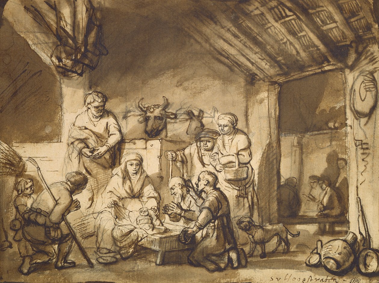 Tilbedelse af hyrderne, ca. 1646 (pen og pensel og blyant på papir) af Samuel van Hoogstraten