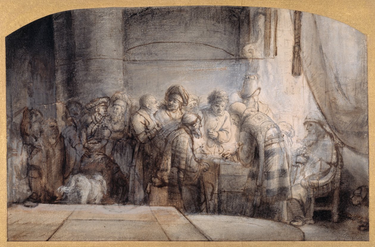 Judas modtager de tredive stykker sølv, ca. 1640 (pen og blæk over rødt kridt over vask på papir) af Samuel van Hoogstraten