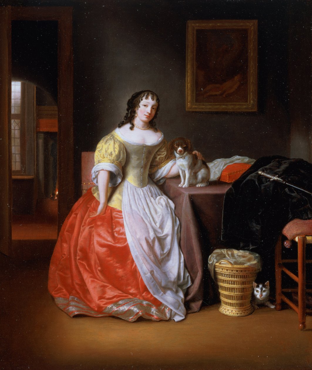 Dame i gul og rød kjole af Samuel van Hoogstraten