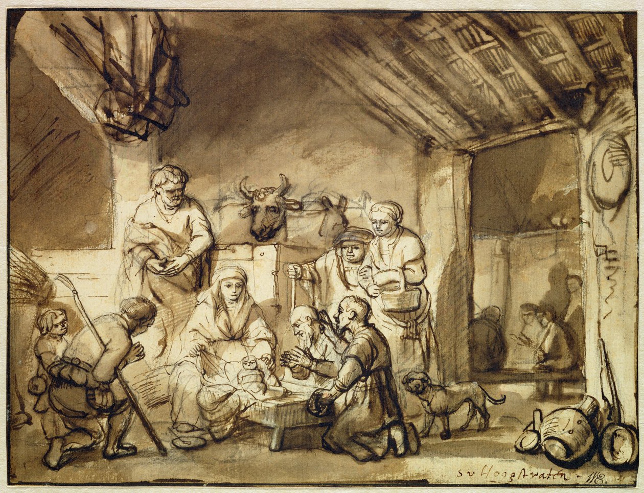 Hyrdernes tilbedelse (pen og blæk skylles over sort kridt på papir) af Samuel van Hoogstraten