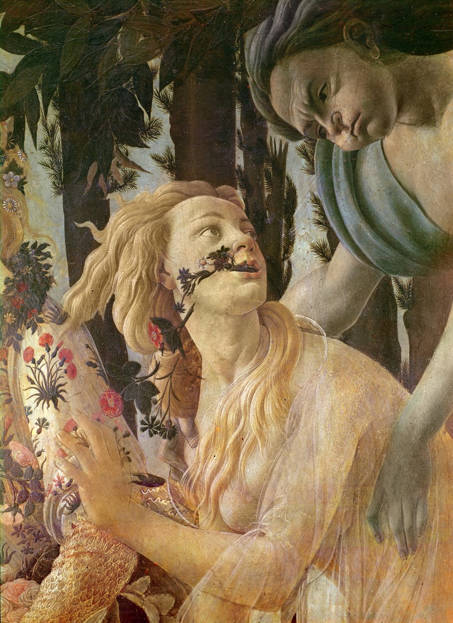 Allegory of Spring, detalje af Zephyrs og Floras hoveder, c.1478 tempera på træ af Sandro Botticelli