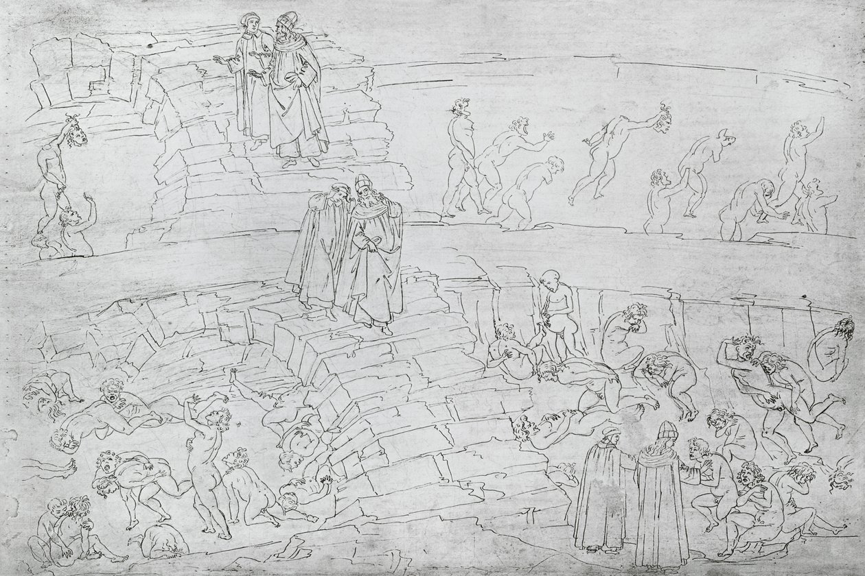 Dante og Vergil (70-19 f.Kr.) fra "Den guddommelige komedie" af Dante Alighieri (1265-1321) ca.1480 af Sandro Botticelli