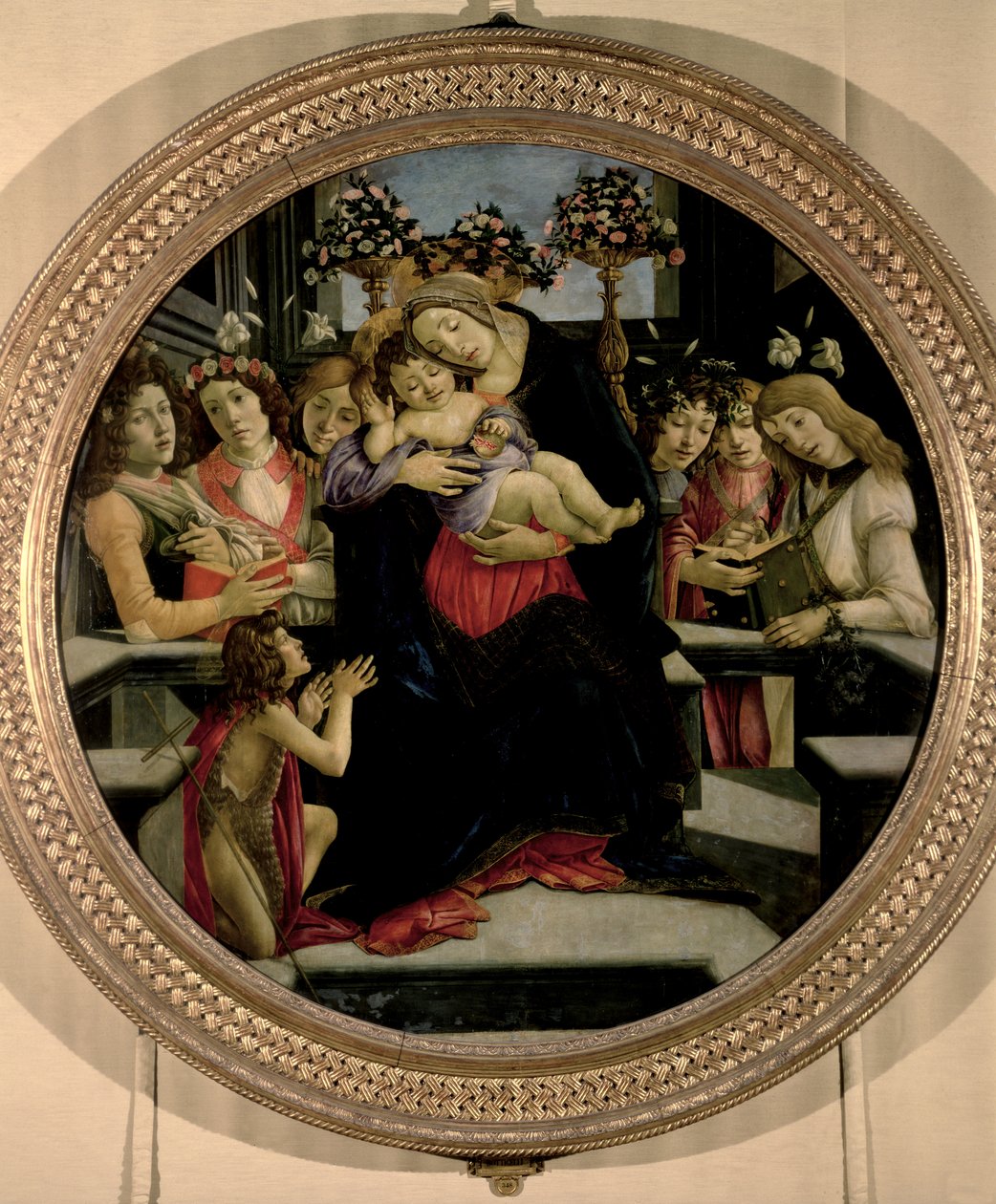 Madonna og barn med engle og Johannes Døberen af Sandro Botticelli