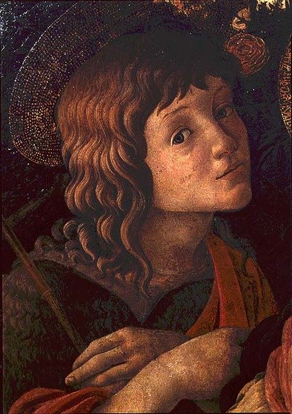 Madonna og barn med St. Johannes Døberen, detalje af den unge helgen af Sandro Botticelli