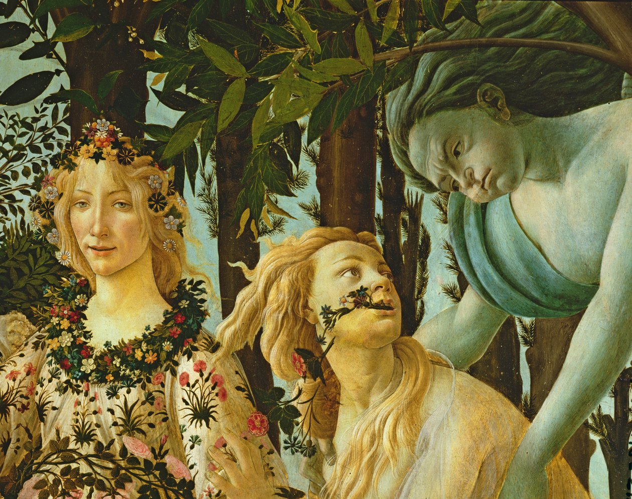 Primavera, detalje af Flora og Zephyr, ca. 1478, (tempera på panel) (detalje af 558) af Sandro Botticelli
