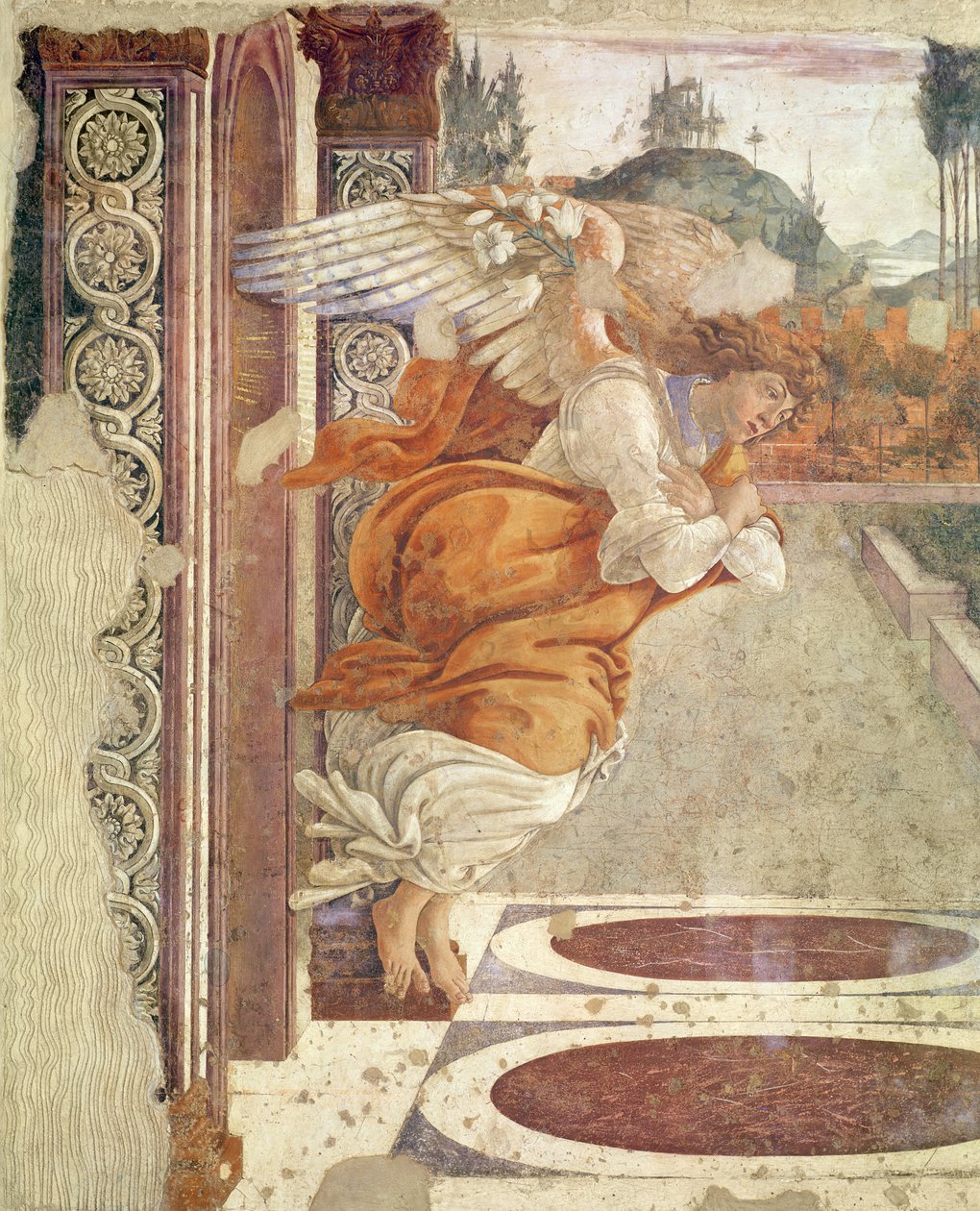 Bebudelsen, detalje af englen, 1481 (tempera på træ) af Sandro Botticelli