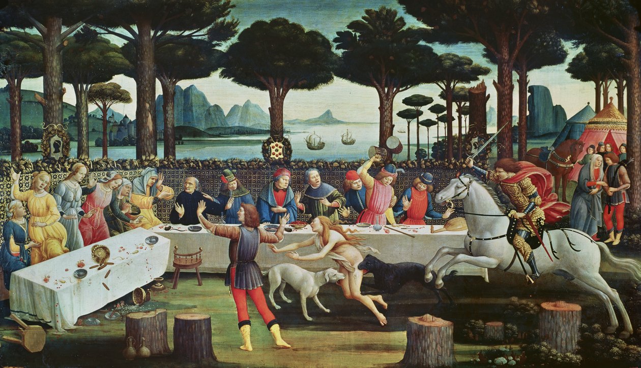 The Banket in the Pinewoods: Scene III af The Story of Nastagio degli Onesti, ca. 1483 (tempera på panel) af Sandro Botticelli