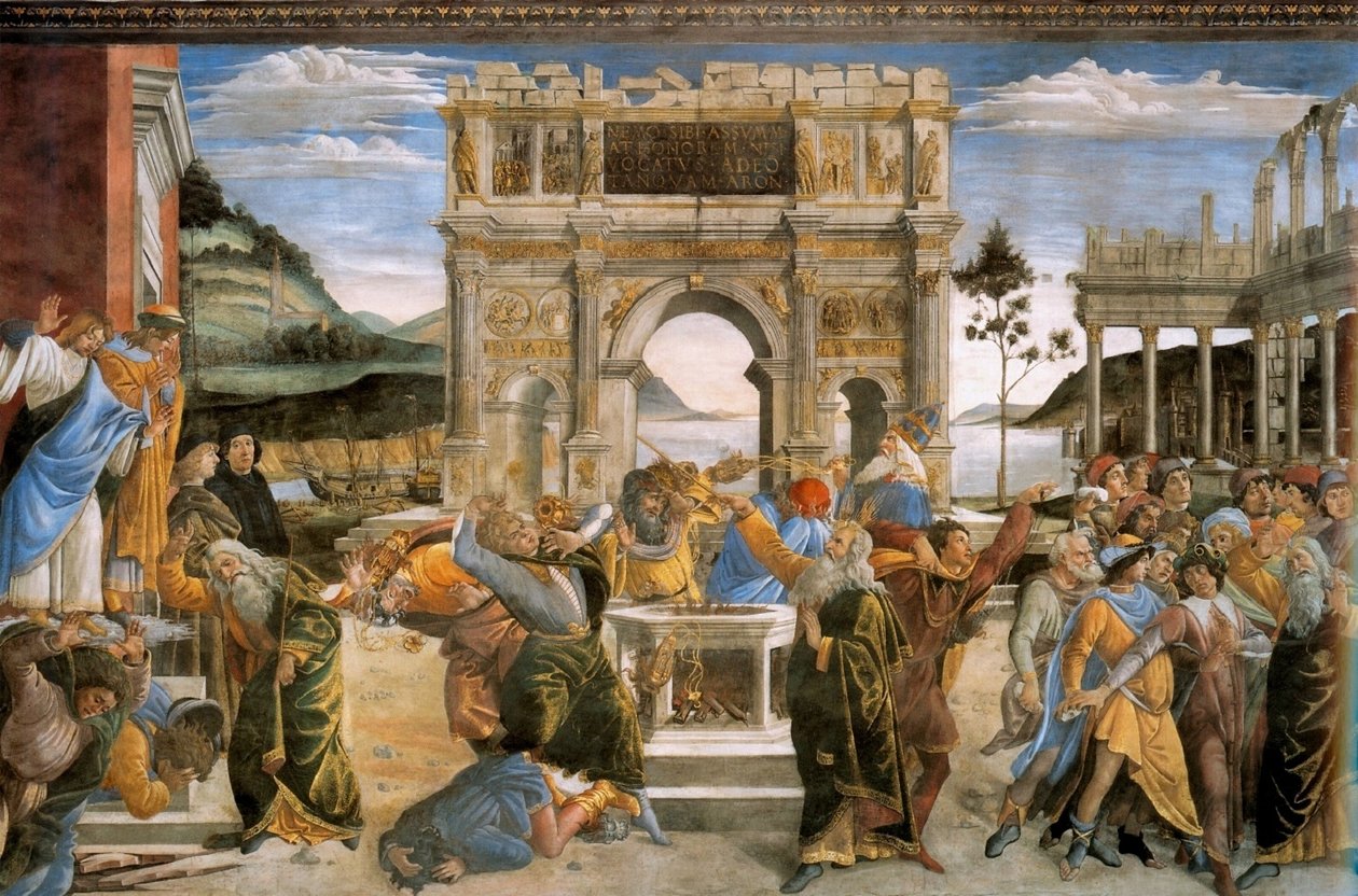 Straffen for Korah og stening af Moses og Aron af Sandro Botticelli