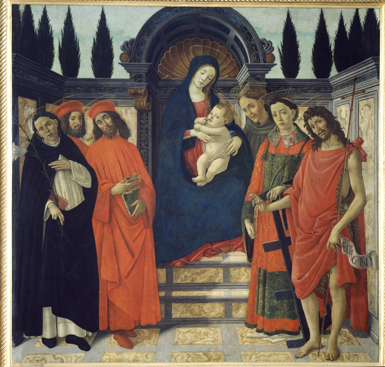 The Virgin and Child med St. Johannes Døberen, Sankt Damian og St. Cosmo af Sandro Botticelli