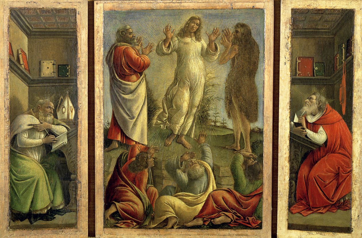 Triptykon, der viser forvandlingen, Jesus viser sig for sine disciple med de hellige Hieronymus og Augustin på sidepanelerne, ca. 1500 (tempera på panelet) af Sandro Botticelli