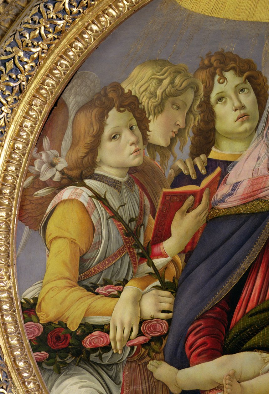 Jomfru og barn med seks engle, kaldet Granatæblets madonna (tempera på panel) (detaljer fra 202229) af Sandro Botticelli