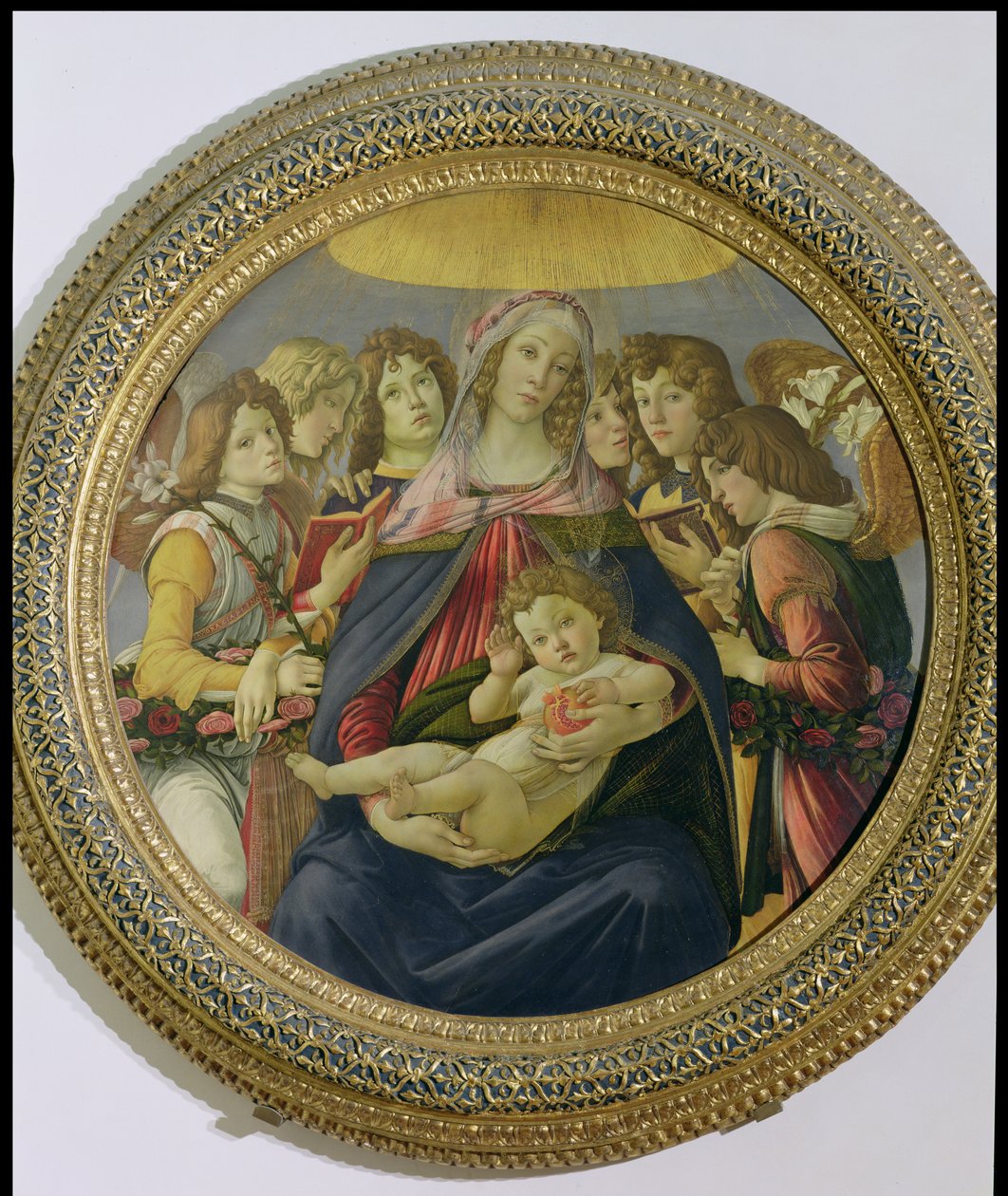Jomfru og barn med seks engle, kaldet The Madonna of the Pomegranate, ca. 1478-79 (tempera på panel) (se 148859 for detaljer) af Sandro Botticelli