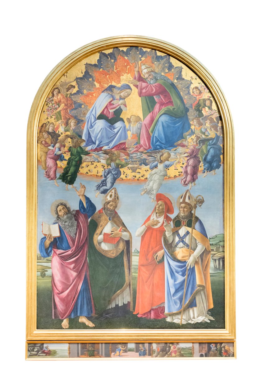 Jomfruens kroning med engle og Johannes evangelisten, den hellige Augustin af Sandro Botticelli