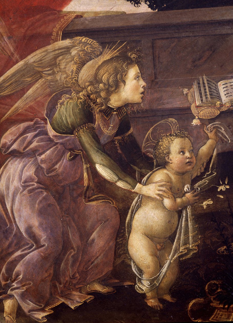 Madonna og barn med tre engle (Madonna del Padiglione), detalje af englen med Kristus af Sandro Botticelli