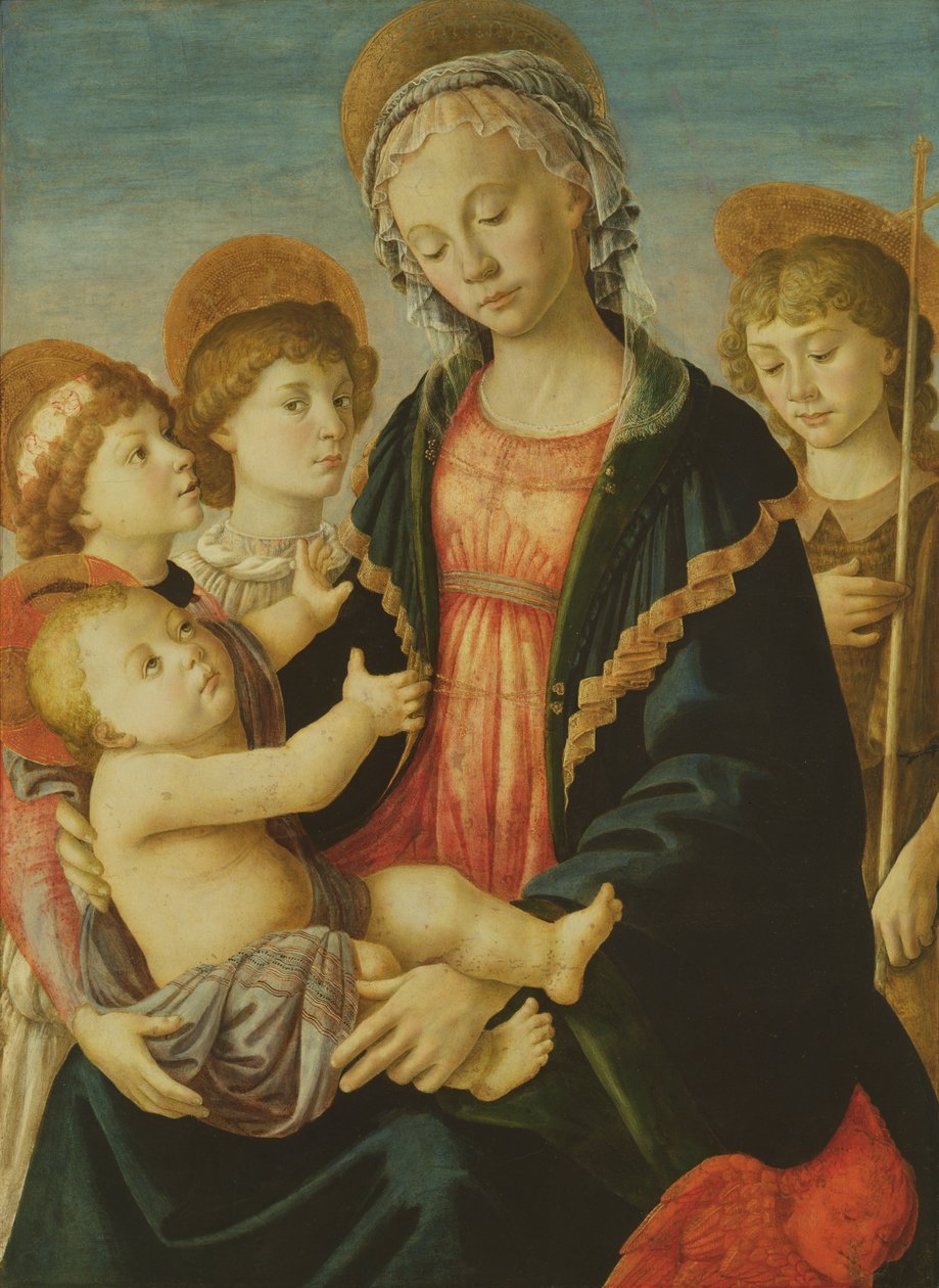 Jomfruen og barnet med to engle og Johannes Døberen, ca. 1470 (olie på panel) af Sandro Botticelli