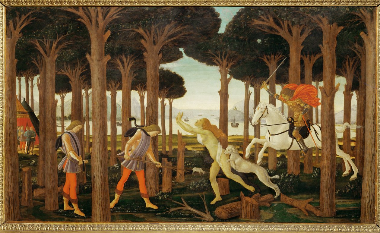 Historien om Nastagio degli Onesti, første af tre paneler: Nastagio går trist rundt i en skov ... (maleri på træ) af Sandro (1444/5 1510) Botticelli