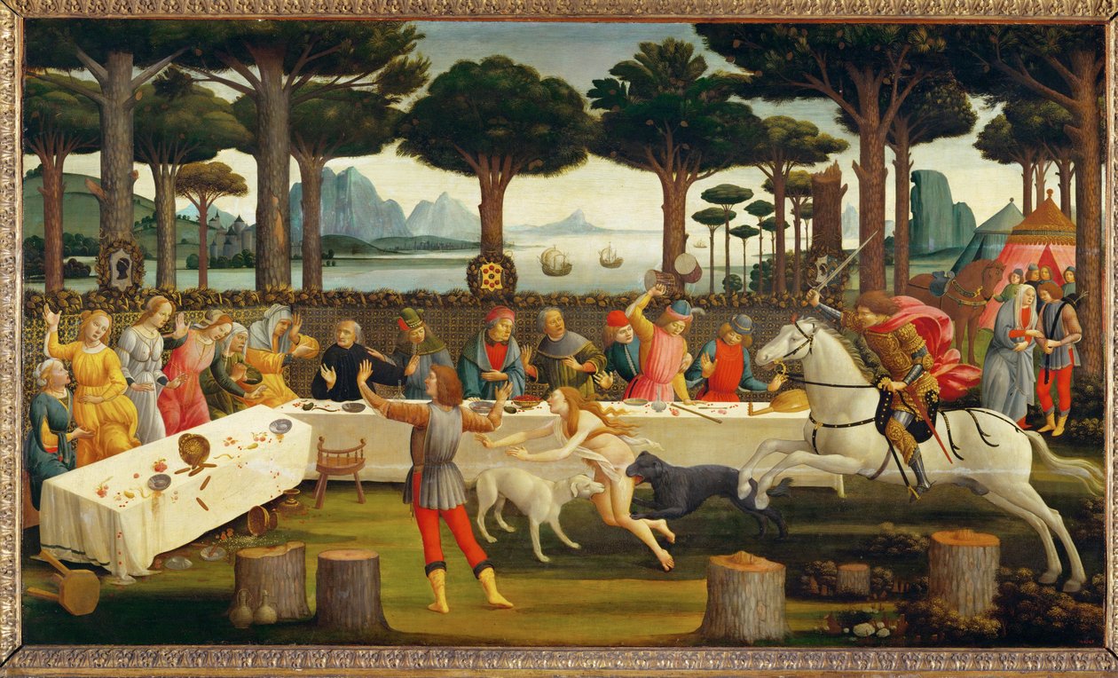 Historien om Nastagio degli Onesti, tredje panel: Nastagioinviterer sin elskede og hendes familie;under måltidet ... (maleri på træ) af Sandro Botticelli