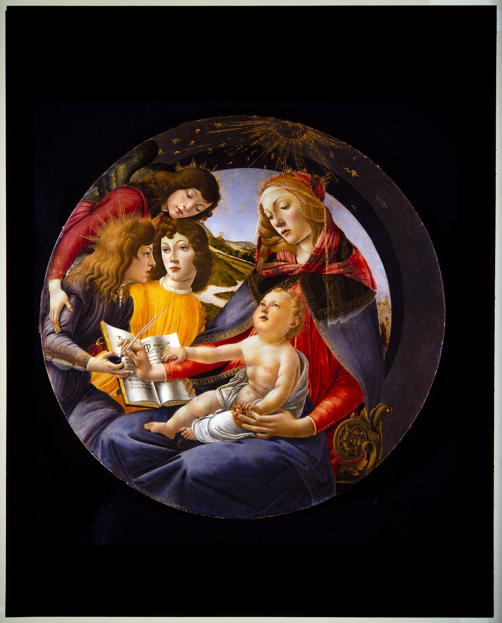 Jomfru og barn med tre engle, også kaldet Madonna of the Magnificat (panel) af Sandro Botticelli