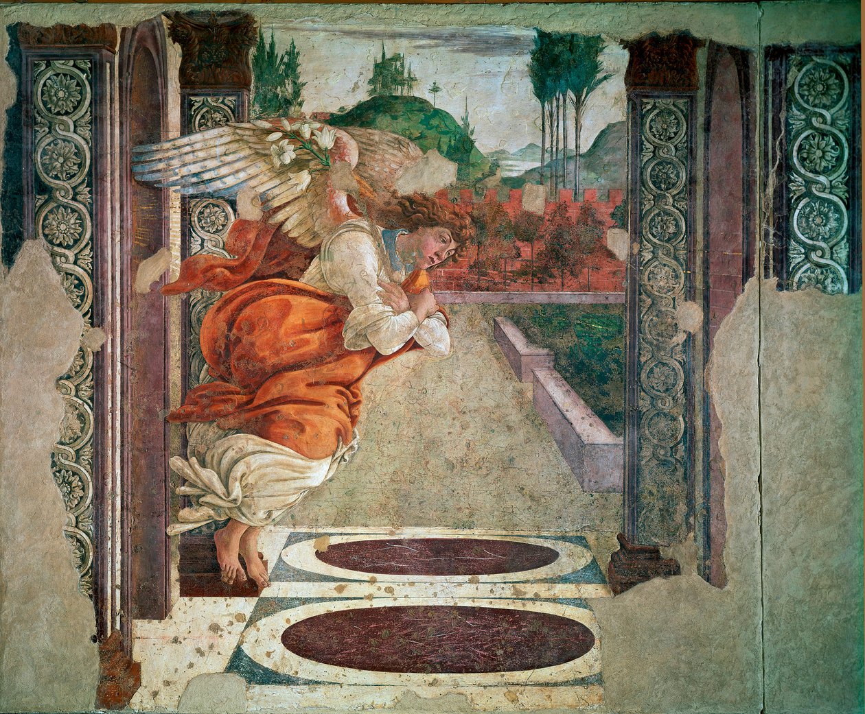 Bebudelsesdetaljens engel. Fresco af Alessandro di Mariano dei Filipepi dit Sandro Botticelli (1445-1510). 1481 søn. 245x535 cm Firenze, Uffizi-galleriet (kontorer) af Sandro Botticelli