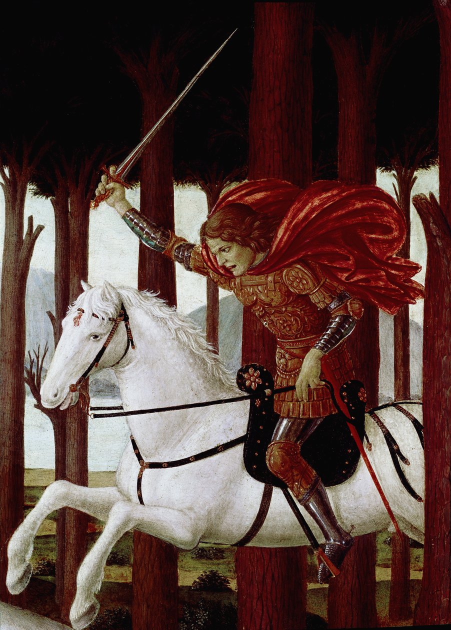 Historien om Nastagio degli Onesti: Encounter with the Damned in the Pine Forest (fra en Decamerons novelle af Boccaccio) (olie på panel af Sandro Botticelli