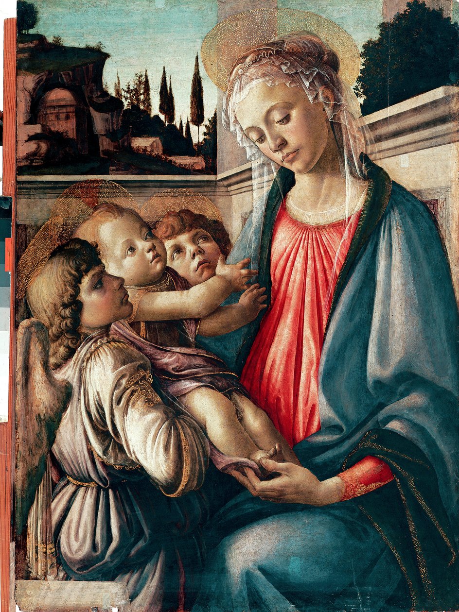 Madonna har barn med to engle Detrempe på træ af Sandro Filipepi dit Botticelli (1445-1510) 1468-1469 Dim. 100x71 cm Napoli, Galleria Nazionali di Capodimonte - Madonna og barn med to engle, af Sandro Filipepi a.k.a. Botticelli (1445-1510). Temperament af Sandro Botticelli