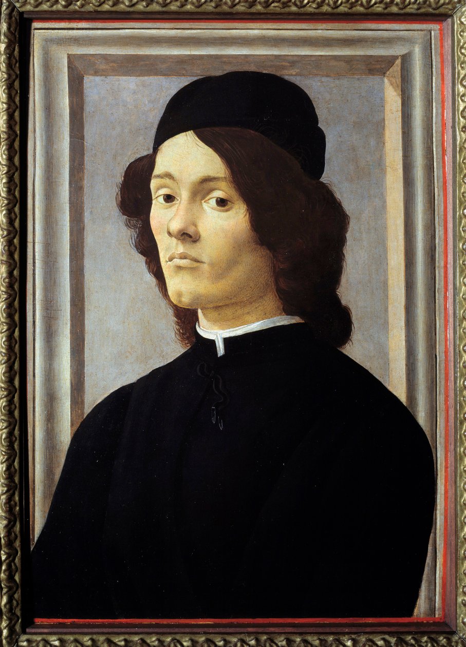 Portræt af en ung mand Gentilman ser melankolsk ud, klædt i sort. Maleri af Alessandro di Mariano dei Filipepi dit Sandro Botticelli (1445-1510) 15. århundrede søn. 0,57x0,39 m af Sandro Botticelli