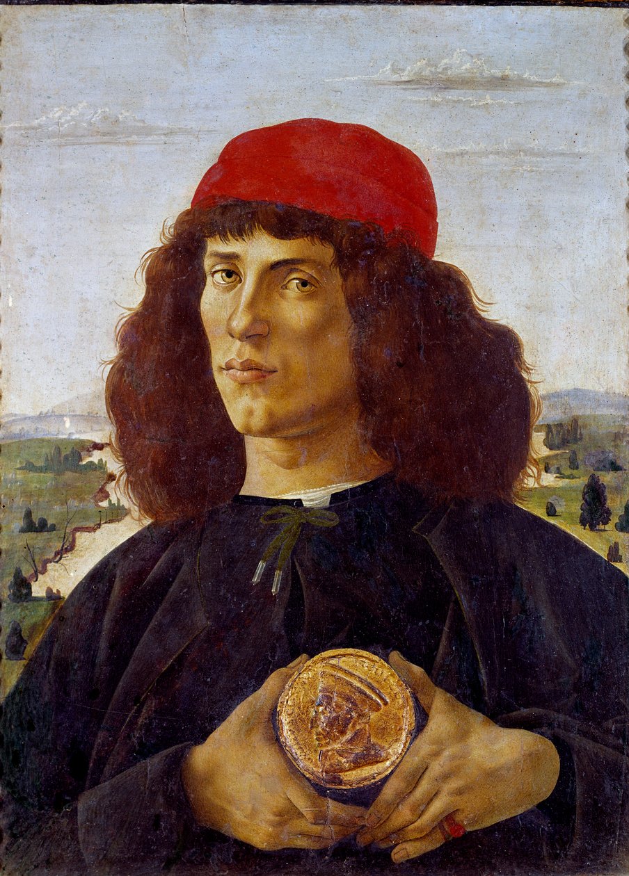 Portræt af en ukendt mand, der holder Cosimo de Medicis medalje (Cosimo de Medici). Maleri af Alessandro di Mariano de Philippi af Sandro Botticelli (1445-1510). Tempera på lærred, 57,5 ​​x 44 cm af Sandro Botticelli