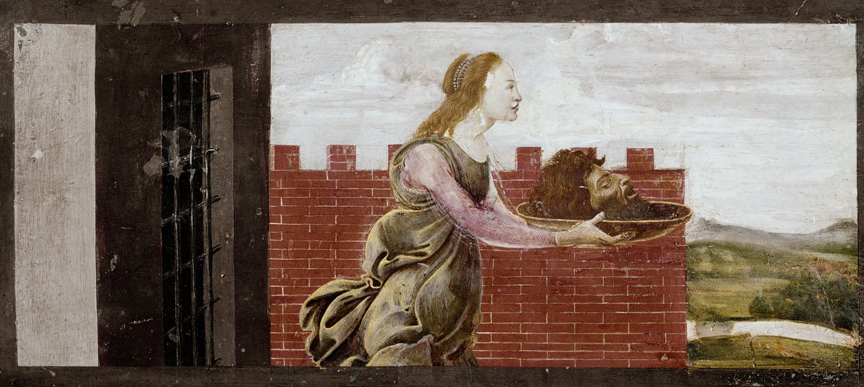 Salome holder St John Baptists hoved. Detalje af st Barnaba altertavle (Tempera på træ af Sandro Botticelli