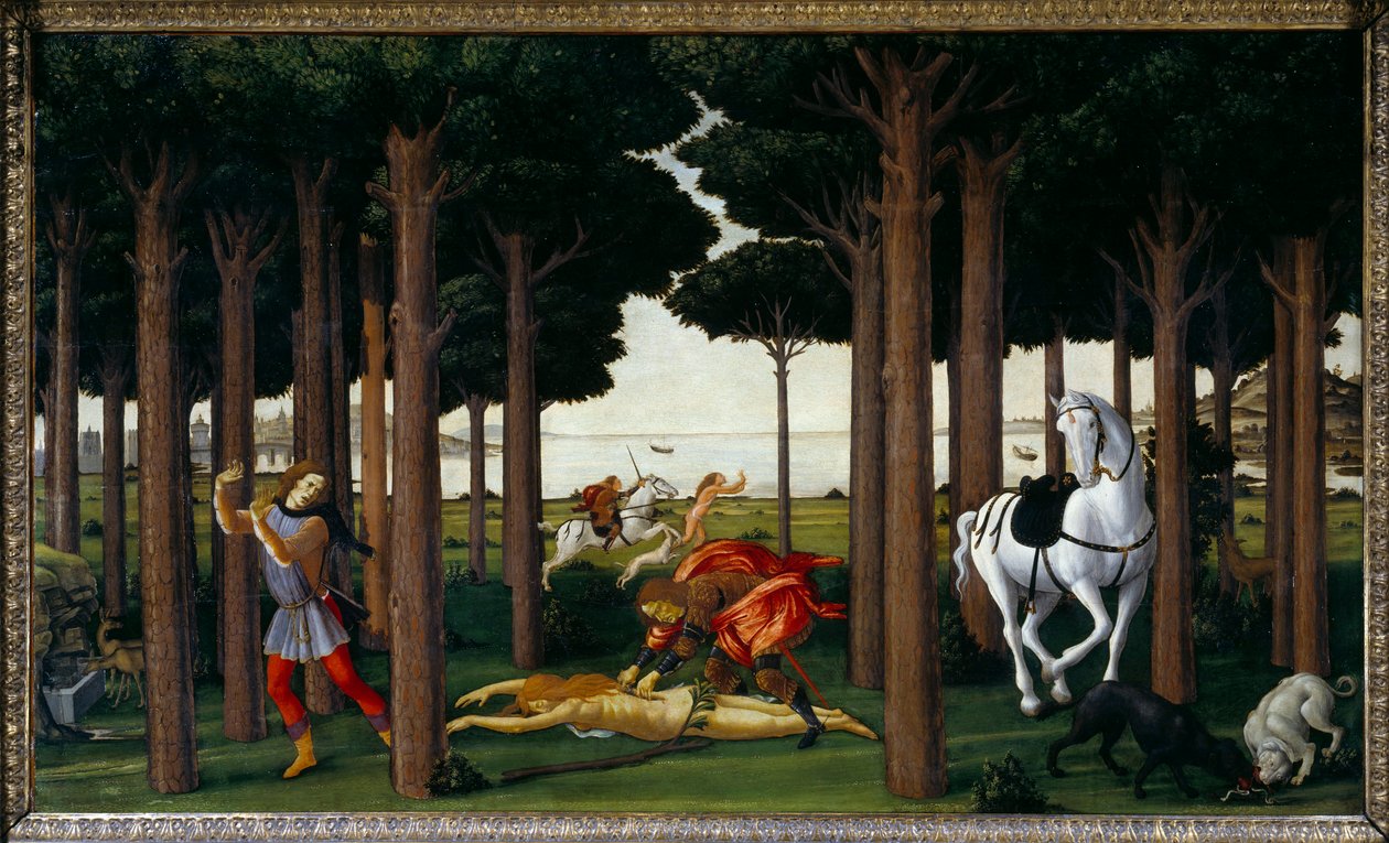Historien om Nastagio degli Onesti: Infernal Hunt”” andet panel i en serie på fire: Nastagio, ulykkelig forelsket, deltager i udtagningen af en ung kvinde, der er skyldig i ikke at udveksle den kærlighed, som en ridder bærer, og som vil blive fortæret af h af Sandro Botticelli