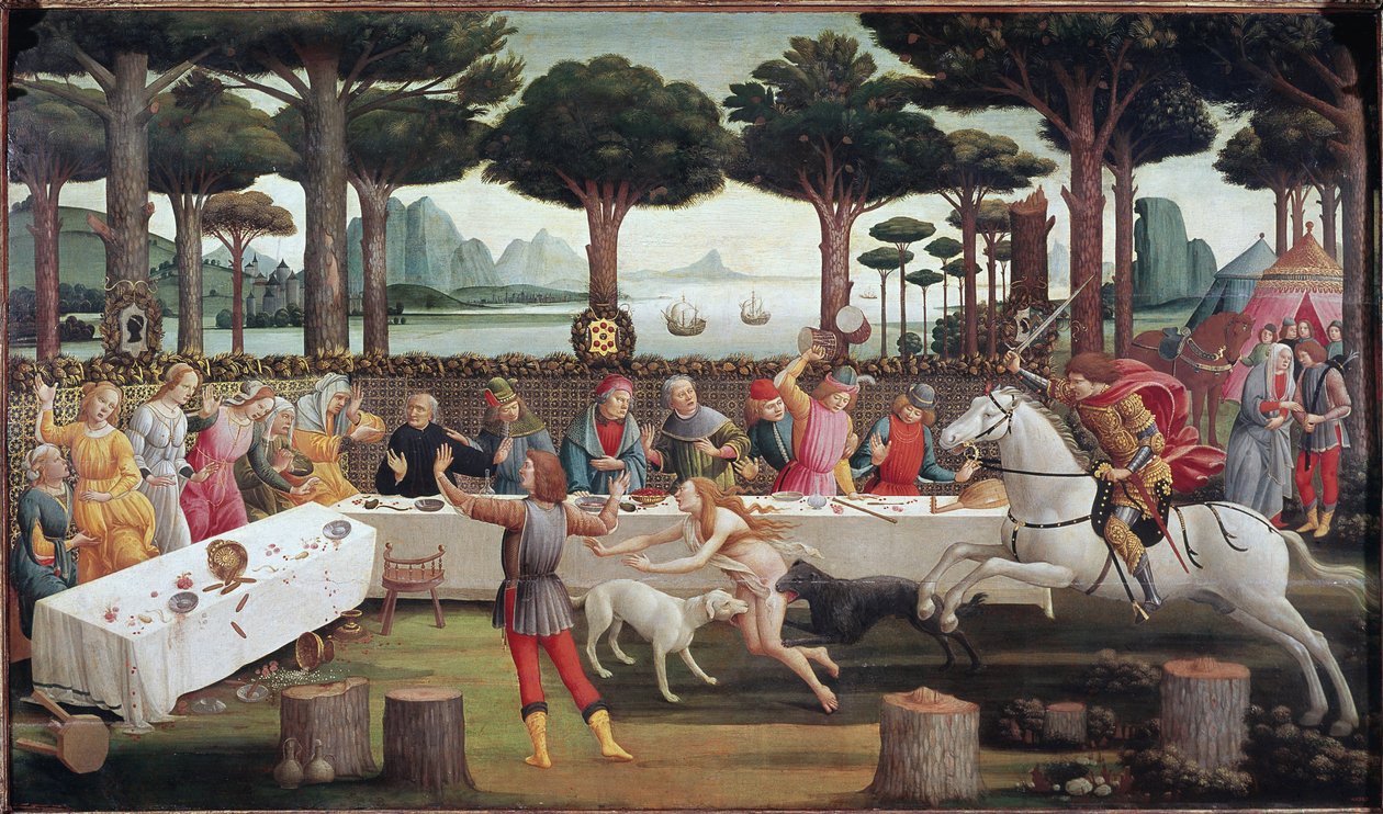 Banketten i skoven: Scene III af historien om Nastagio degli Onesti af Sandro Botticelli