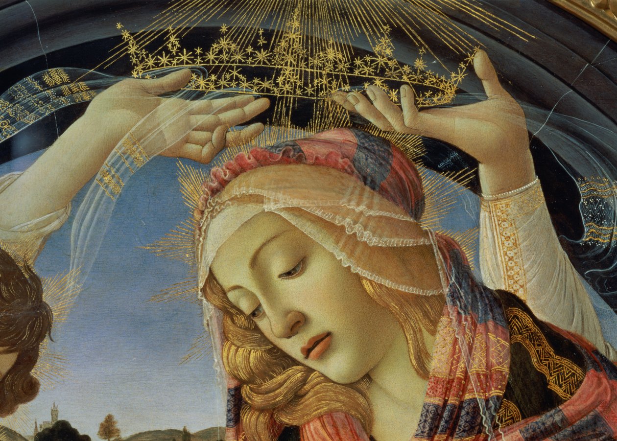 Madonnaen fra Magnificat, detalje af Jomfruens ansigt og krone af Sandro Botticelli