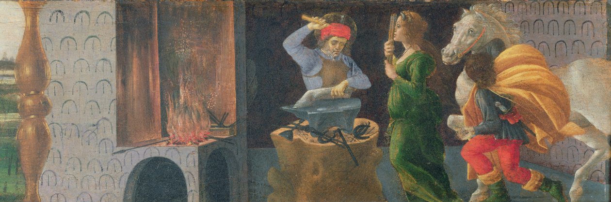 The Miracle of St. Eligius, predella panel fra altertavlen af St. Mark, ca. 1488-90 (tempera på panel) (se 44342, 44348 44333) af Sandro Botticelli