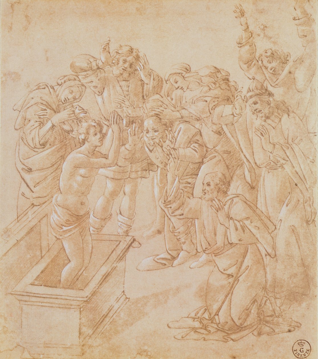 The Raising of Lazarus (pen og blæk med gouache) af Sandro Botticelli