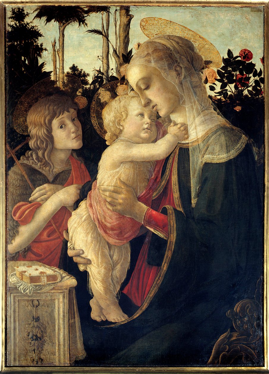 Jomfruen og Jesusbarnet med det unge Sankt Johannes Døberbarnet Maleri af Alessandro di Mariano dei Filipepi dit Sandro Botticelli (1445-1510). 15. århundrede søn. 0,90 x 0,67 m - Jomfruen, Jesusbarnet og Johannes Døberen, barn. Maleri b af Sandro Botticelli